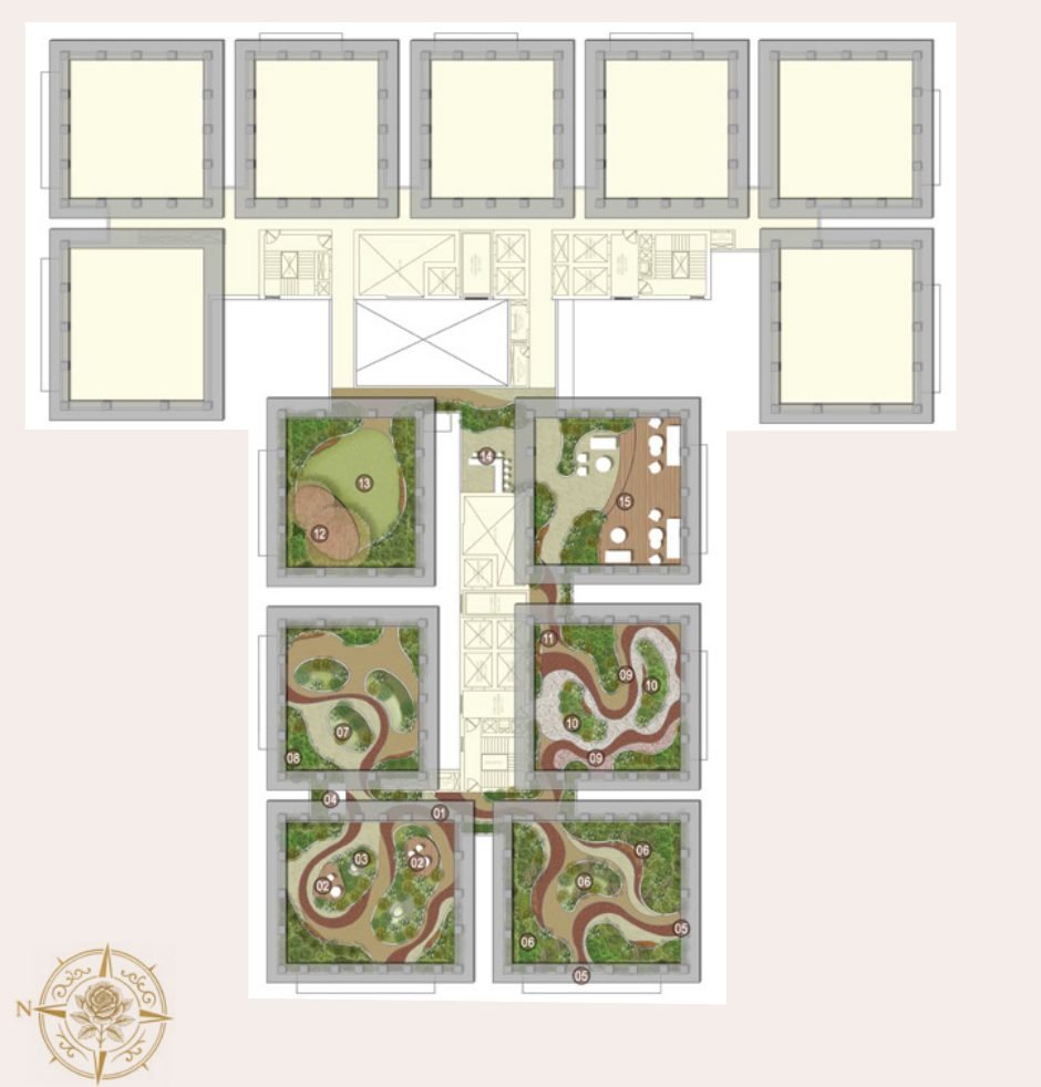 Brigade Barcelona sky deck plan — rooftop gardens and lounge laid over the tower crown